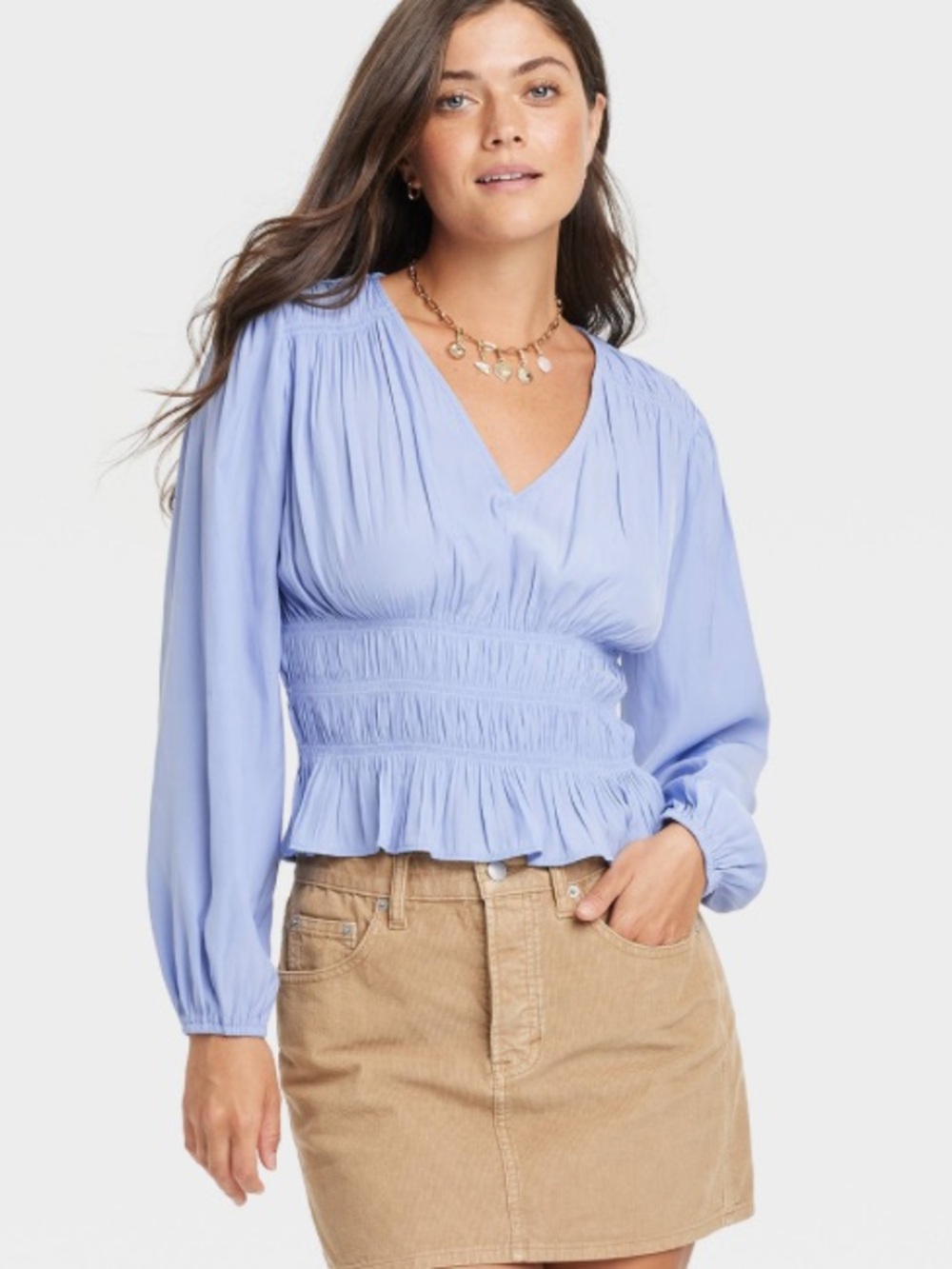Universal Thread Light Periwinkle V-Neck Smocked Blouse with Balloon Sleeves